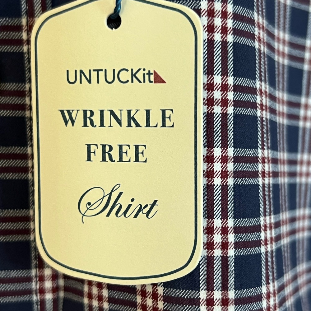New UNTUCKit Mens Dress Shirt L Navy Burgundy Plaid Nylon Long Sleeve Button - Picture 10 of 13